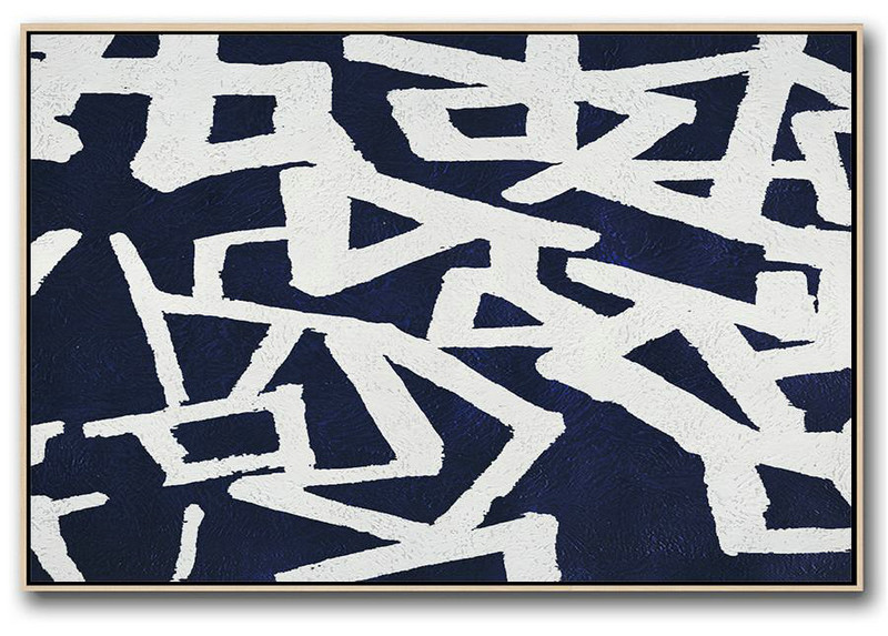 Acrylic Painting Canvas Art,Horizontal Abstract Painting Navy Blue Minimalist Painting On Canvas,Oversized Custom Canvas Art